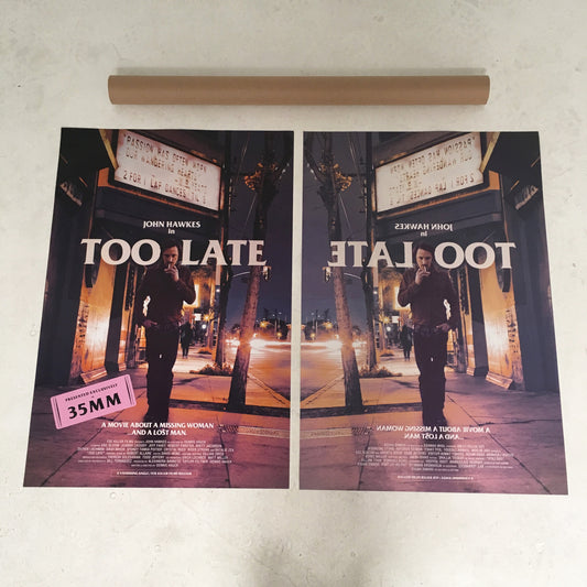 Original theatrical one-sheet movie poster for TOO LATE. Double-side for light boxes.